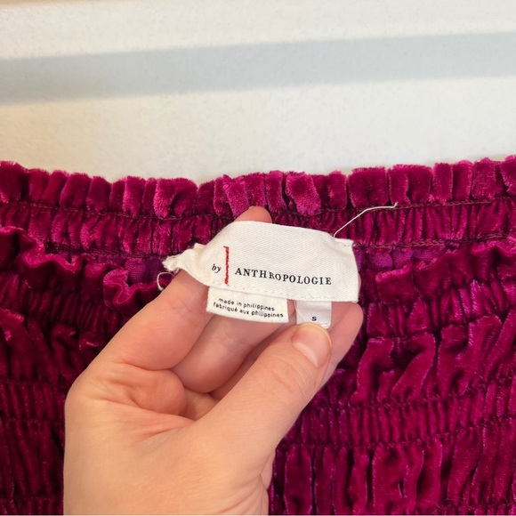 By Anthropologie Magenta Smocked Velvet Puff Sleeve Peasant Blouse - Picture 3 of 8